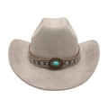 Beige felt western cowboy hat with woven band and turquoise stone in bohemian style - One Size / Oval Blue Stone Decoration / Gray