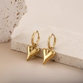 Polished gold heart drop earrings featuring minimalist hoop design on a stone base - Full 3D Heart Style (ER-37)