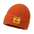 Vibrant orange ribbed knit beanie with a yellow graphic patch for winter warmth - Orange