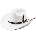 Detail of white wool western cowboy hat featuring leather band, silver studs and feather - M (56-58cm) Adjustable / White with White Binding