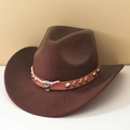 Dark brown wool felt cowboy hat featuring a leather band with bull head metal buckle - M (56-58cm) / Coffee (Khaki Bull Head Band)
