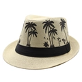 Beigefarbener Strohhut mit schwarzen Palmstickereien und Band für den Strandurlaub - M (56-58cm) / Beige