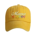 Close-up of yellow cotton baseball cap with Mama embroidery and colorful hearts - Washed Yellow - Rainbow Heart