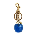 Blue glitter apple keychain with gold metal leaf and spring clasp for bag straps - Blue Apple with Bronze Gold