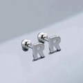 Polished silver stainless steel stud earrings featuring capital letter R design - Letter R (T55662) / Silver