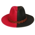 Two-tone red and black wool felt wide brim fedora hat with brown leather braided band - Red Army Green Patchwork With Belt