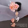Pink silk flower hairpin with golden tassels, white pearls, and 17cm fringe accessory - Gradient Light Pink
