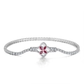 Elegant S925 silver tennis bracelet with red marquise gemstone flower centerpiece - 2MM Tennis Chain/Red Clover/Platinum Plated/16.5CM