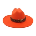Bright orange western felt cowboy hat with leather band and embossed bull head metal stud - Orange