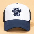 Fashionable navy and white trucker hat with Good Things Take Time slogan and mesh back - Navy Blue