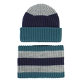Detail of striped knitted winter hat and neck warmer set with ribbed wool texture - Teal Navy & Light Gray