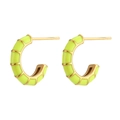 Detail of 18K gold plated C-shaped earrings with vibrant neon green enamel dripping oil finish - Enamel Wheel C-Shaped Studs - Yellow