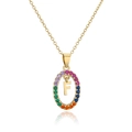 Macro shot of gold necklace pendant with rainbow cubic zirconia and capital letter F - Letter F
