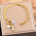 Gold-plated AB chain bracelet with pearl, crystal, and square shell charms in a gift box - White Shell Square