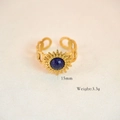 Detail of 14K gold plated ring with blue stone inlay and sun flower hollow chain band - Star Ring