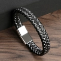 Men's fashion braided black leather bracelet with silver magnetic buckle closure - Black and White