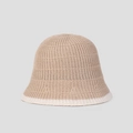 Detail of summer knit bucket hat featuring vertical ribbed texture and white contrast brim - Khaki