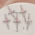 Silver-toned cross pendants featuring a central pink gemstone for jewelry making - 696# Silver - Pink Zirconia