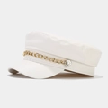 White flat top baker boy hat with a decorative gold chain on a minimalist background - M(56-58cm) / Chain Decor / White (PU Leather)