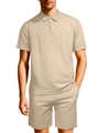 Set estivo da uomo in maglia a nido d'ape con polo a maniche corte e pantaloncini beige - Cachi