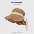 Light brown straw sun hat with white lace ribbon and bow decoration for women - Star Lace Bow Straw Hat Khaki