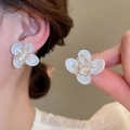 White flower stud earrings with gold stamen and crystal center on model ear - Gold-White Flower (54# Silver Earring Post)