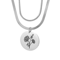 Collier double couche en acier argenté avec pendentif rond gravé de fleurs de marguerite - Novembre-Argent (Chrysanthème)