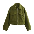 Close-up of olive green cropped jacket featuring textured wool fabric and large flap pockets - Green