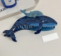 Blue whale-shaped hair claw made of acetate with elegant marble texture and rhinestones - Double Whale Blue