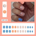 Short square press-on nails with orange and blue floral patchwork design, 24pcs set - Summer Flowers (W1124)