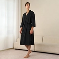 Men's black waffle knit bathrobe with kimono V-neck and belted waist for summer - Black (Men's)