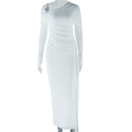 Detail of white off-shoulder maxi dress with mesh sleeves and ruched knit texture - S / White