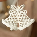 White glitter double bell Christmas ornament with bow detail and silver hanging string - 3D Bell