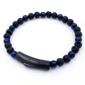 Men's beaded bracelet featuring blue tiger eye, black lava stones, and a steel clasp - Black Lava Stone With Light Blue Tiger Eye (KB204627-SJ)