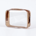 Transparent PVC makeup bag with brown fabric trim and secure zipper closure - Brown