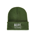 Detailed view of dark green beanie with NOPE not today white embroidery on folded cuff - M (56-58cm) / Army Green