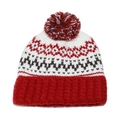 Detailed knit texture of Fair Isle beanie with red geometric patterns and soft pom-pom - M (56-58cm) / Red