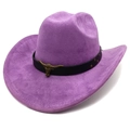 Detailed view of a purple suede cowboy hat with a black belt and gold bull head buckle - M (56-58cm) / Purple