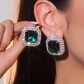 Elegant emerald cut geometric square stud earrings with sparkling halo zircon setting - Green (BXE062GL-EM)