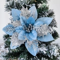 Macro detail of blue and silver artificial Christmas flower with sparkling glitter edges - 14.5cm / Light Blue