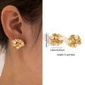 Golden knot earrings with white pearls and rhinestones shown with size measurements - Zjge0660