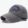 Grey cotton baseball cap featuring blue California surf embroidery and curved brim - CALIFORNIA 1935 Style / Gray