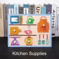 Educational wooden peg puzzle featuring kitchen utensils and light blue frame, style A018 - A018 Kitchen Utensils Recognition