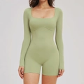 Combinaison de yoga vert clair ajustée avec col carré et manches longues pour le sport - Vert Haricot