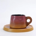 Retro ceramic coffee cup with wooden handle and gradient brown finish on saucer - No.215-A Wooden Handle - Purple Red 300ml