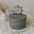 Gray birthday cake with metal geometric Happy Birthday topper and silver pearls - Design No.7 / Silver