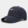 Close-up of high-density white mountain embroidery on a navy quick-dry baseball cap - Adjustable / Navy Blue
