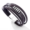 Men's multi-layer woven dark brown leather bracelet with silver magnetic buckle - 19cm / Brown