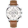 Mens business casual watch with brown leather strap and white dial showing date display - Brown Leather Strap Silver Case White Dial