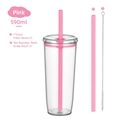 Pink 590ml Tritan straw cup with reusable straw and stainless steel cleaning brush - 590ml / Pink
